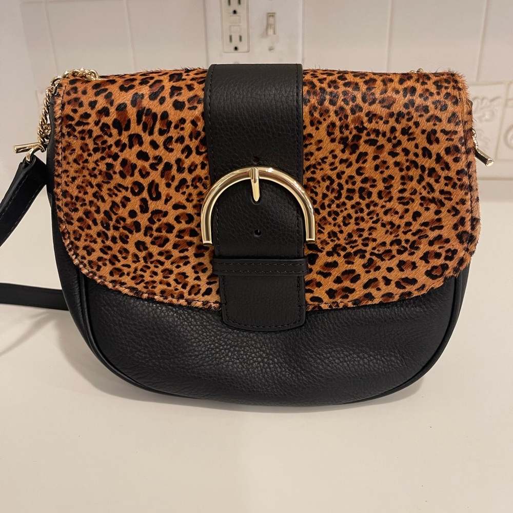 Talbots NWOT black leather and calf hair leopard purse.
